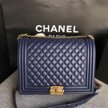 Boy Chanel Flap Shoulder Bag Blue Original Sheepskin Leather A67087 Gold