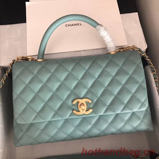 Chanel original Caviar leather flap bag top handle A92292 green &Gold-Tone Metal