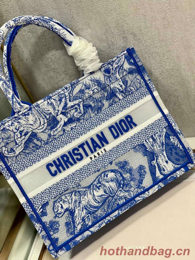 SMALL DIOR BOOK TOTE Blue Toile de Jouy Reverse Embroidery M1265ZRGO