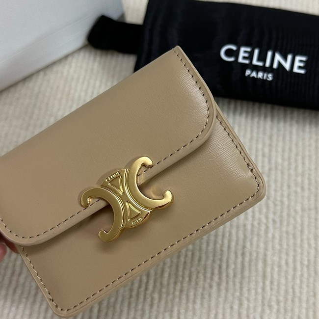 Celine CARD HOLDER WITH FLAP TRIOMPHE IN SHINY CALFSKIN 10I583 SMOKED BROWN