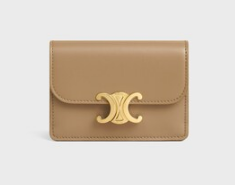 Celine CARD HOLDER WITH FLAP TRIOMPHE IN SHINY CALFSKIN 10I583 SMOKED BROWN