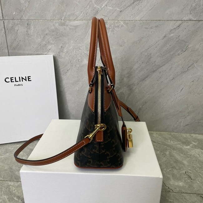 Celine SMALL BOWLING IN TRIOMPHE CANVAS AND CALFSKIN 121082 TAN 