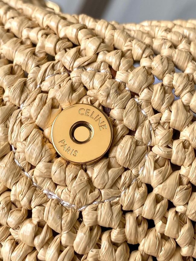 Celine SMALL LOUISE BUCKET IN RAFFIA AND CALFSKIN A119173 NATURAL & TAN