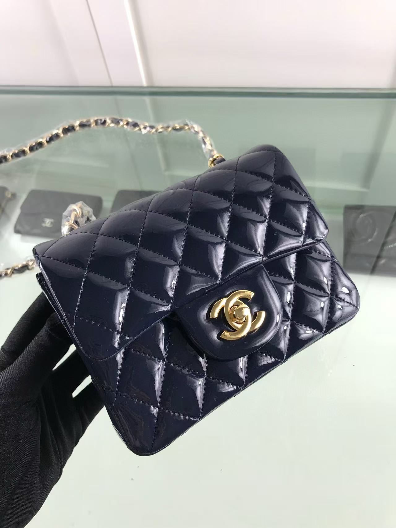 Chanel Classic MINI Flap Bag Original Patent Leather CF1115 Navy Gold-Tone