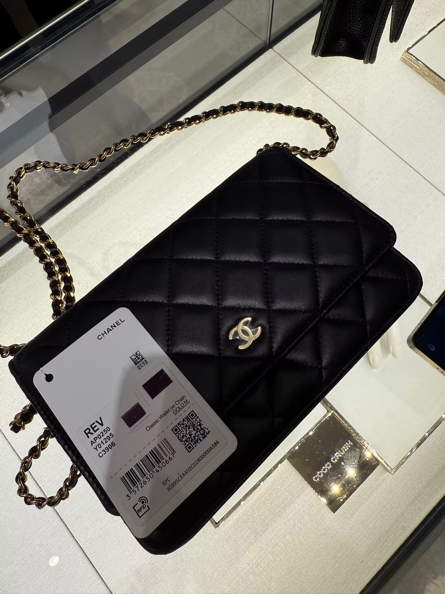 Chanel CLASSIC ORIGINAL LEATHER WALLET ON CHAIN AP0250 Black