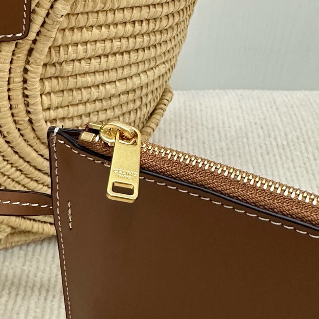 CELINE CLASSIC PANIER SMALL BRAIDED TRIOMPHE in RAFFIA and CALFSKIN 117022 TAN