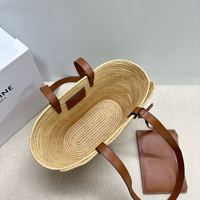 CELINE CLASSIC PANIER SMALL BRAIDED TRIOMPHE in RAFFIA and CALFSKIN 117022 TAN