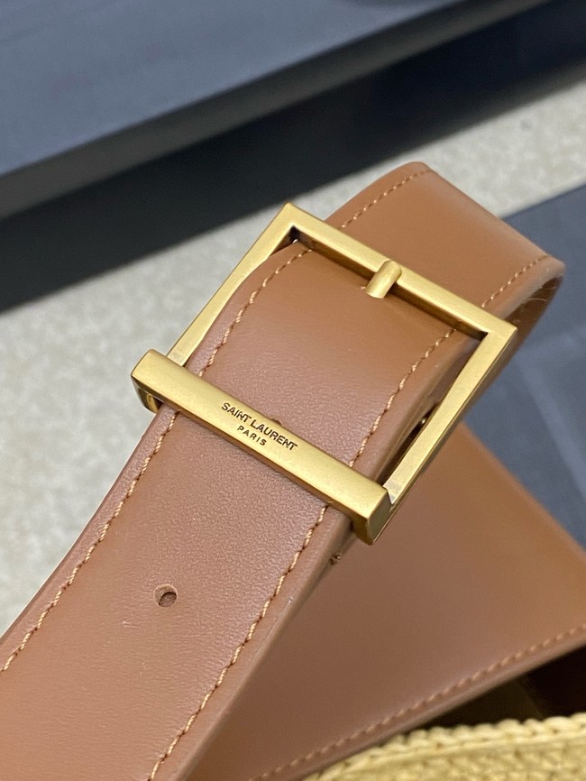 Saint Laurent LE 5 A 7 supple small in raffia and leather 823812 PALE BROWN AND BRICK