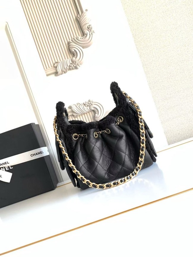 CHANEL 25 Mini Handbag AS5631 Crumpled Shearling Sheepskin black