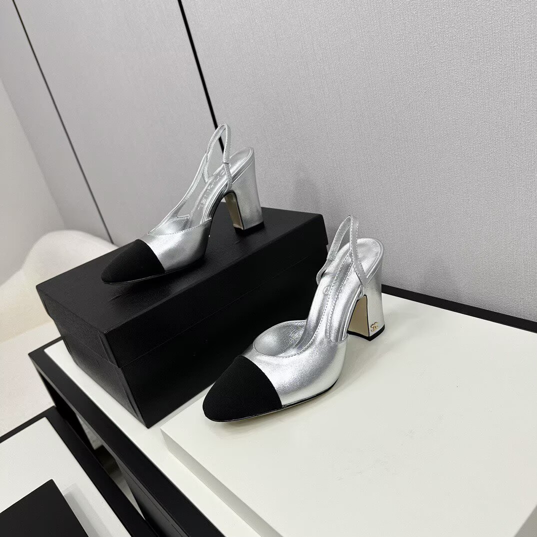 Chanel Sandals Calfskin Shoes 9CM Heels 63012 Silver