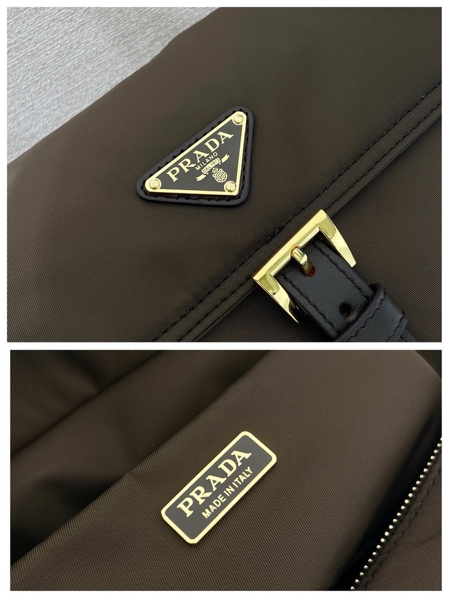 Prada Route medium leather tote bag Re-Nylon 1BD394 dark brown