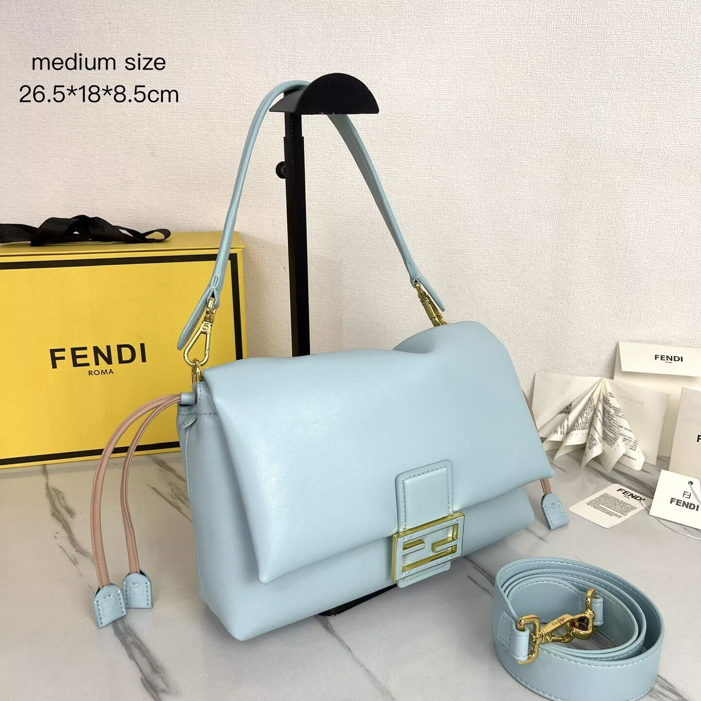 FENDI 2025 Mamma Baguette Original Leather Medium Bag FF8851 Light Blue
