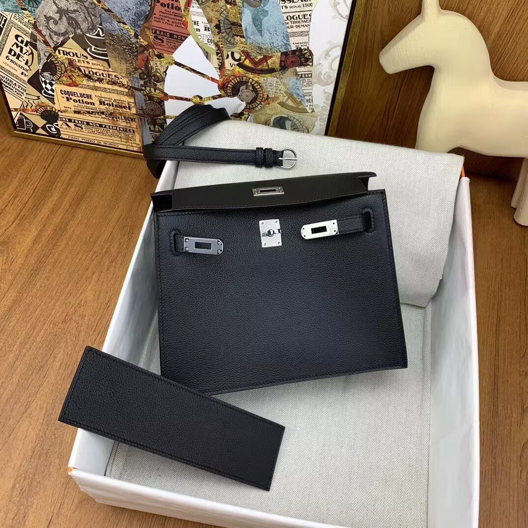 Hermes Kelly Danse Original Evercolor Leather 22CM KL22 Black Silver-Tone