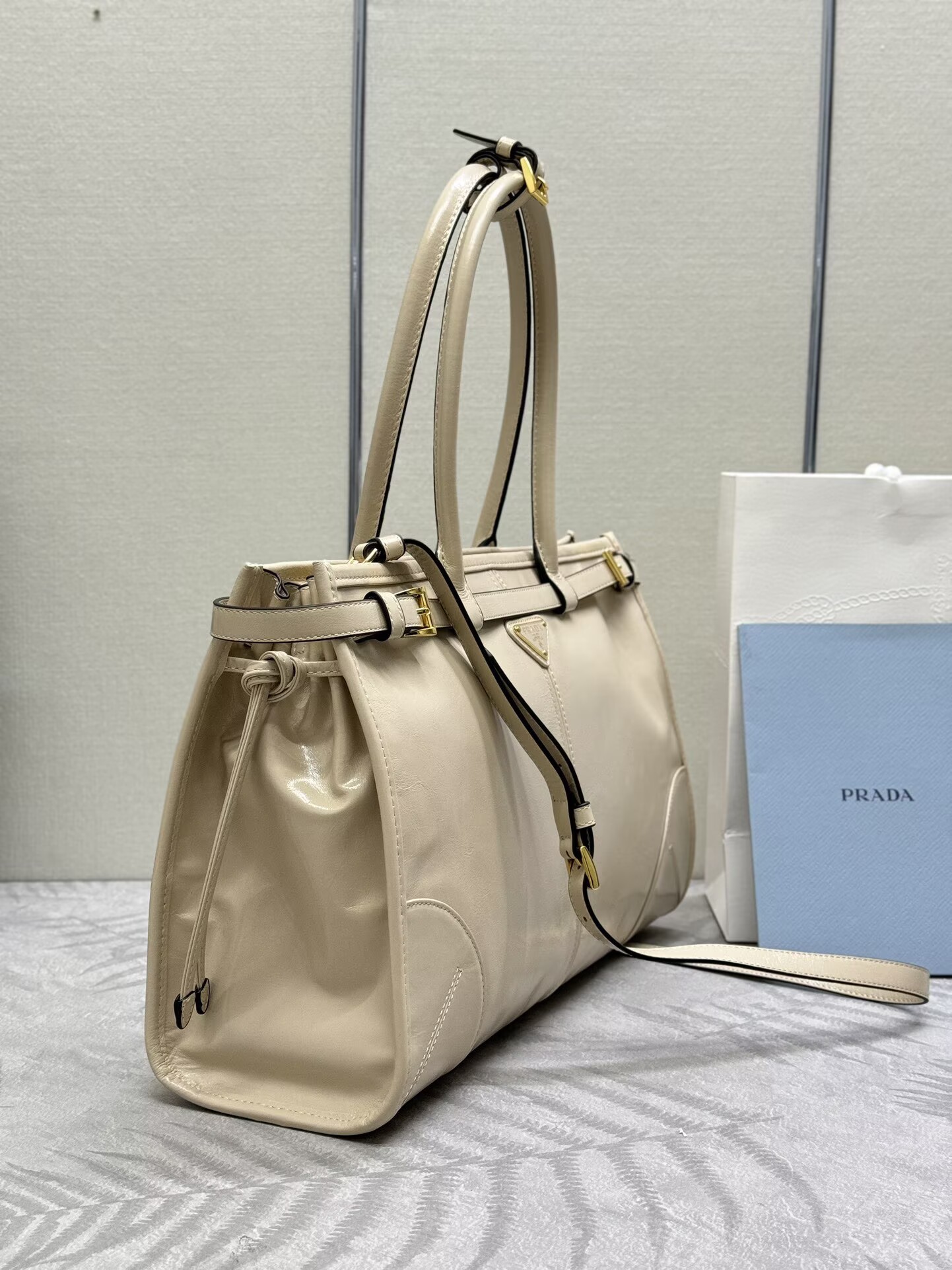 Prada Bonnie Leather Tote Bag 1BA433 Cream