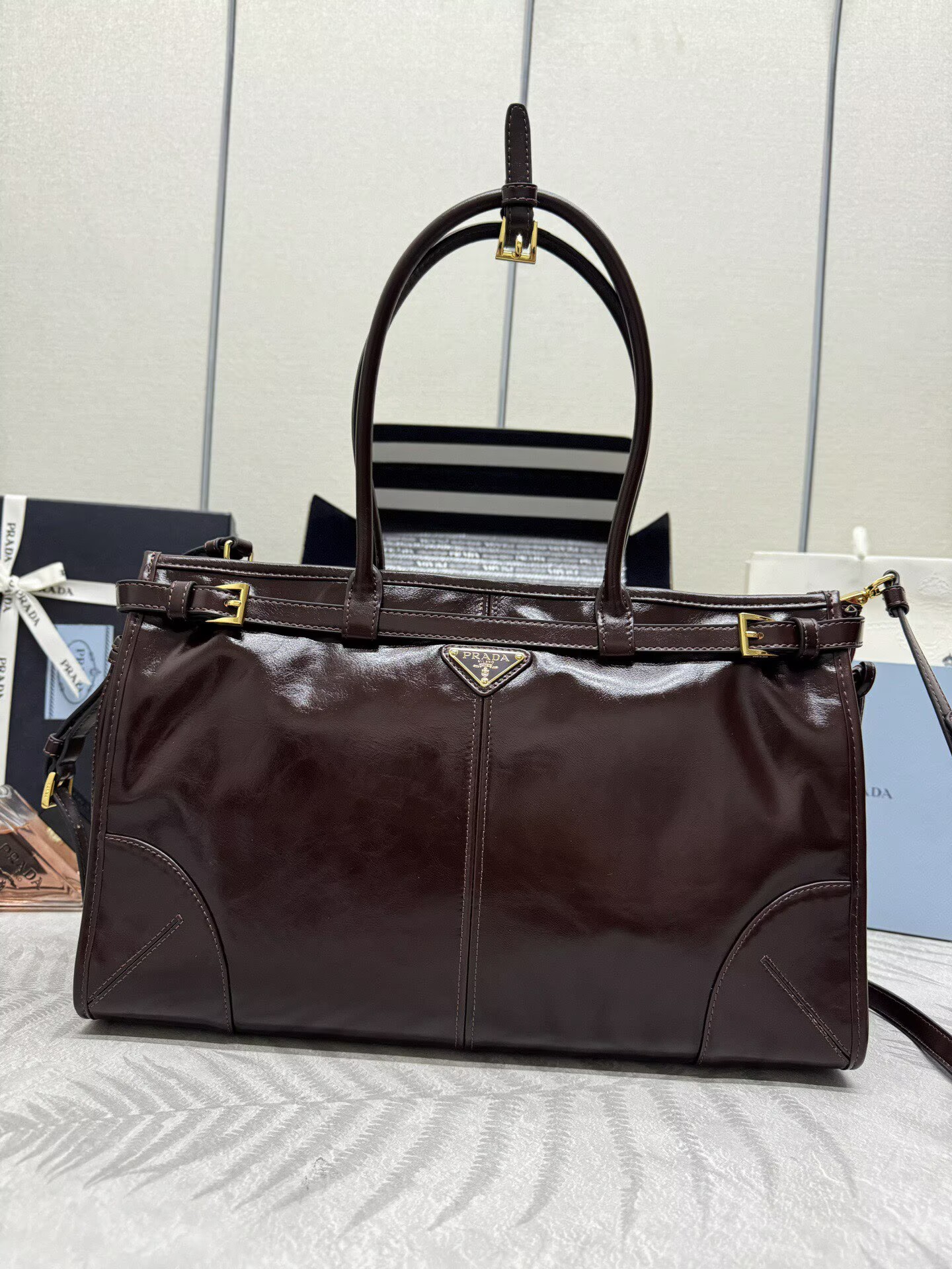 Prada Bonnie Leather Tote Bag 1BA433 Dark Brown