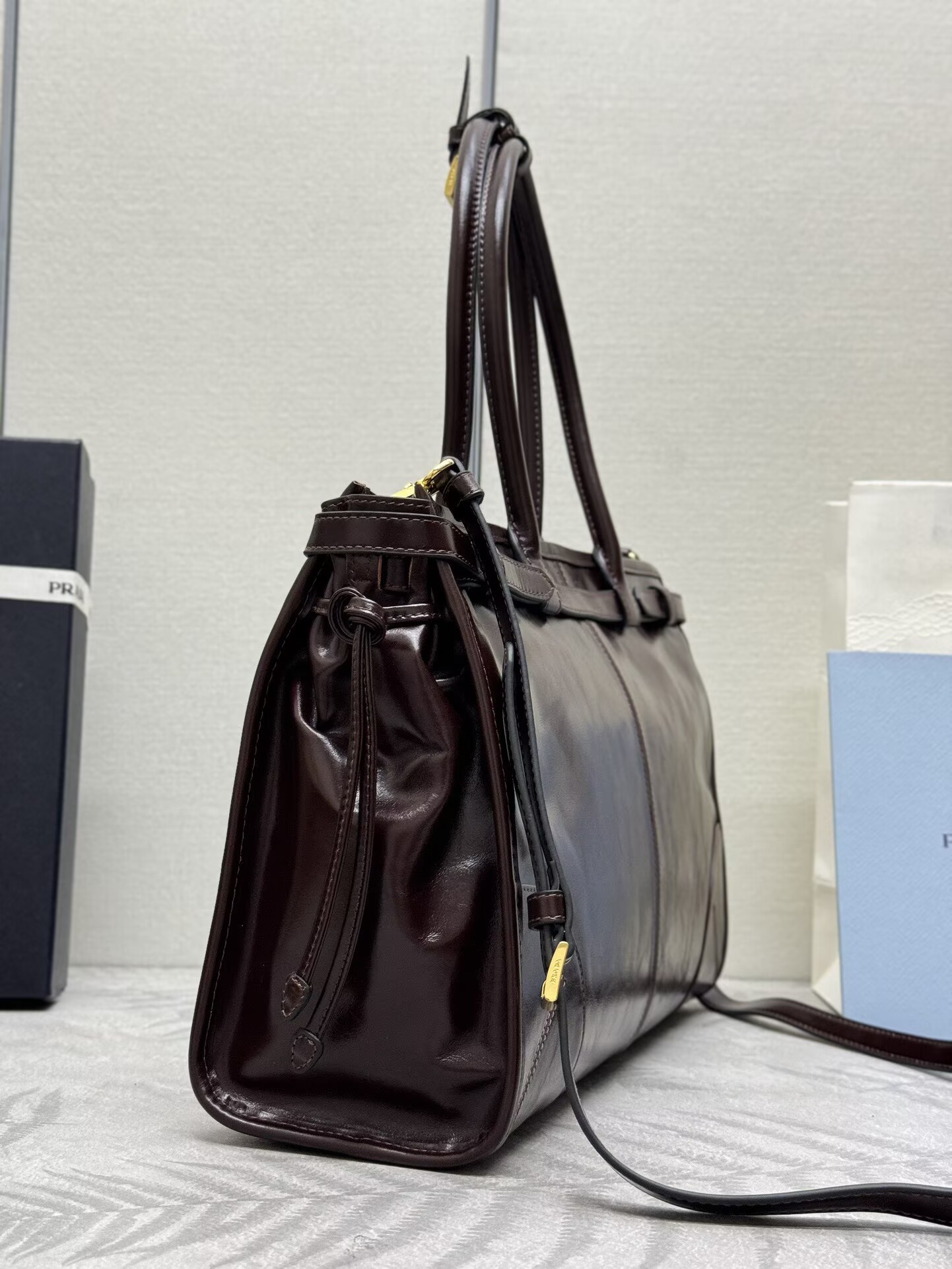 Prada Bonnie Leather Tote Bag 1BA433 Dark Brown