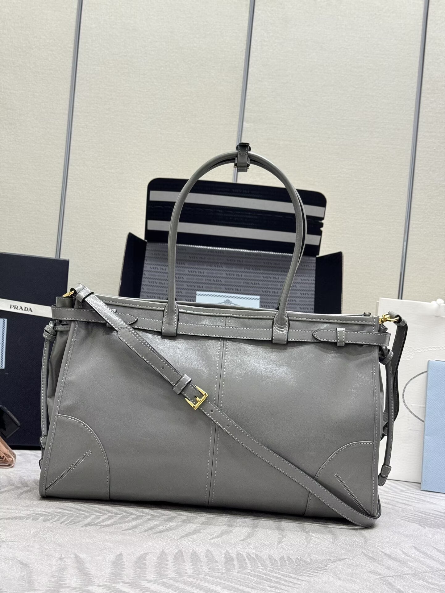 Prada Bonnie Leather Tote Bag 1BA433 Gray