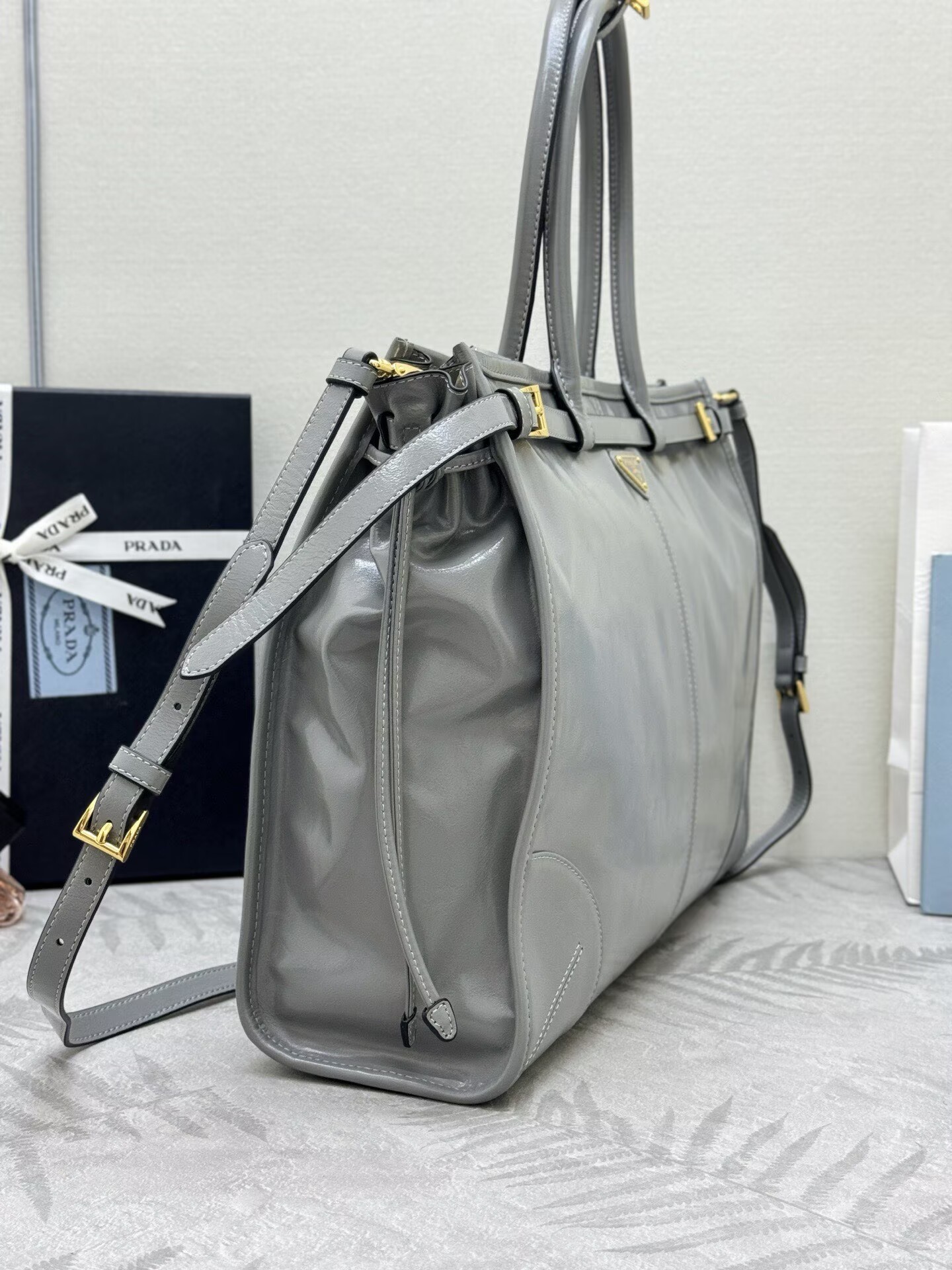 Prada Large Bonnie Leather Tote Bag 1BA439 Gray