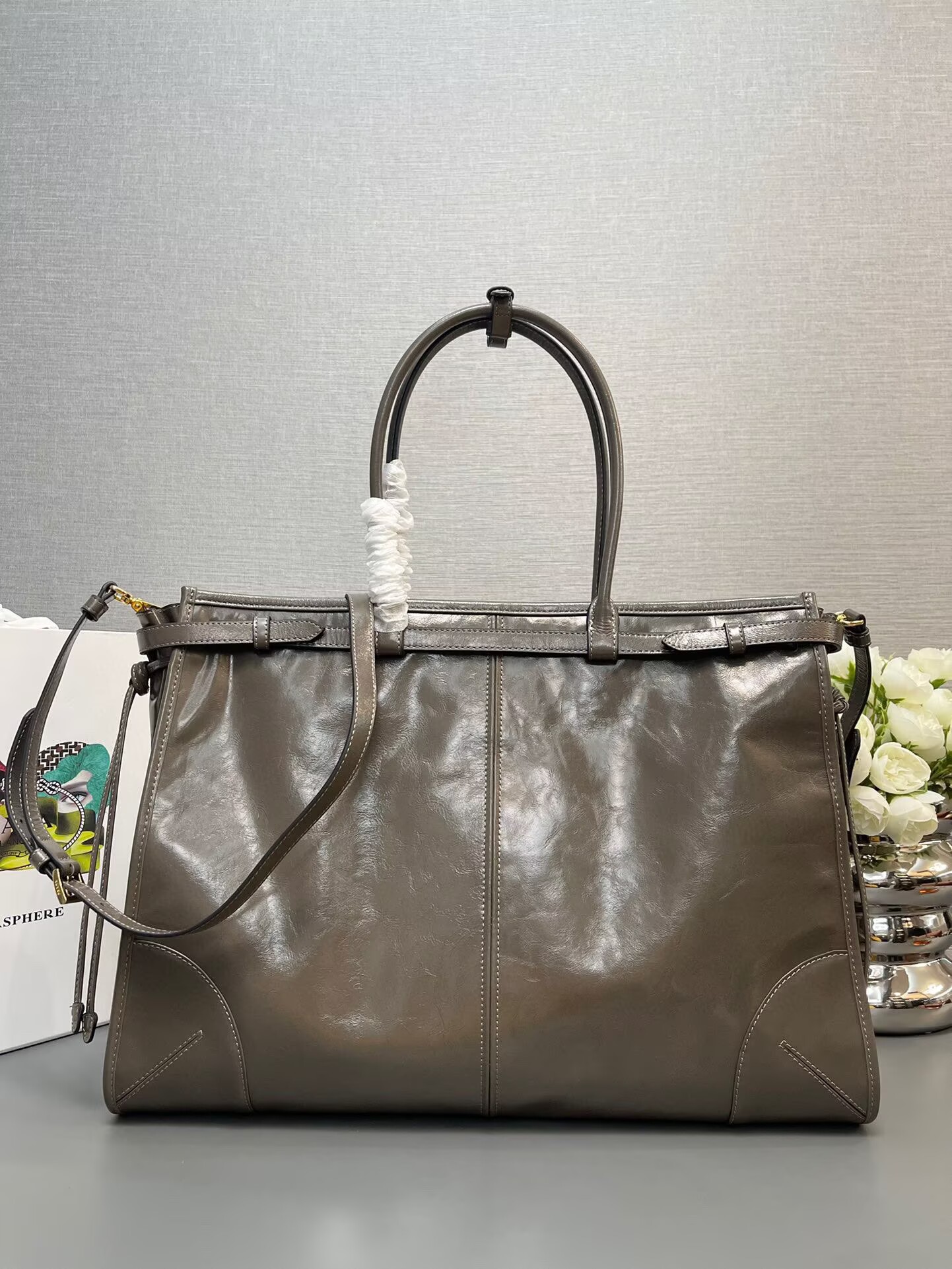 Prada Large Bonnie Leather Tote Bag 1BA439 Khaki Grey