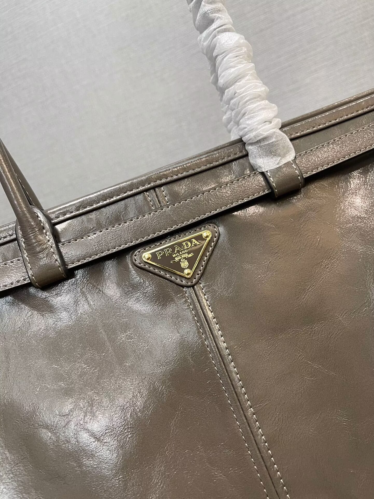 Prada Large Bonnie Leather Tote Bag 1BA439 Khaki Grey