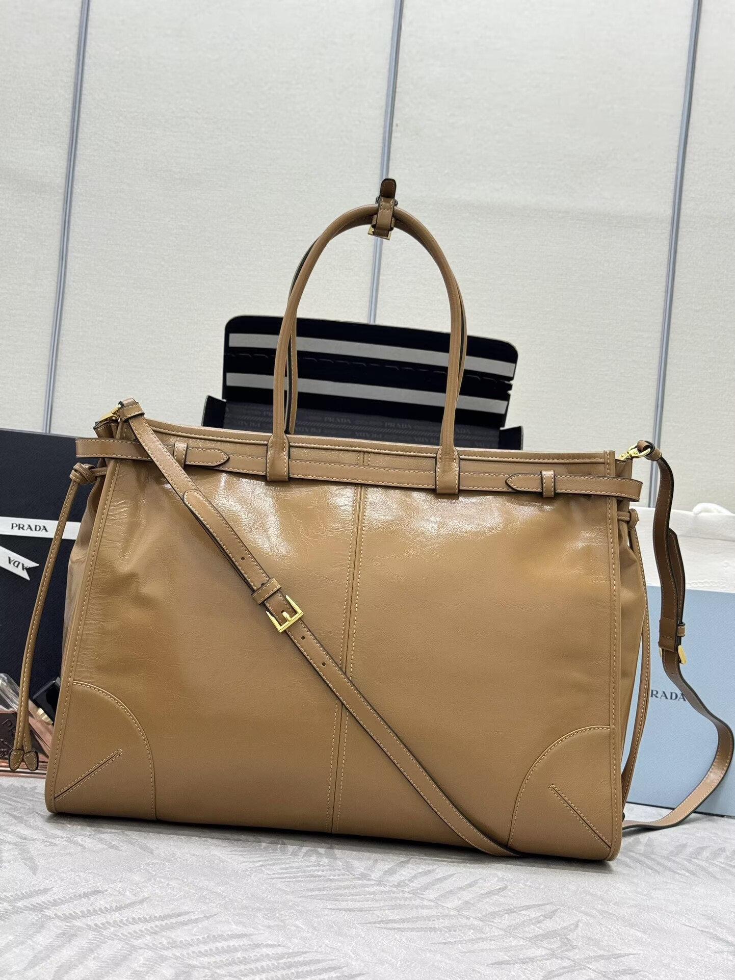 Prada Large Bonnie Leather Tote Bag 1BA439 Khaki