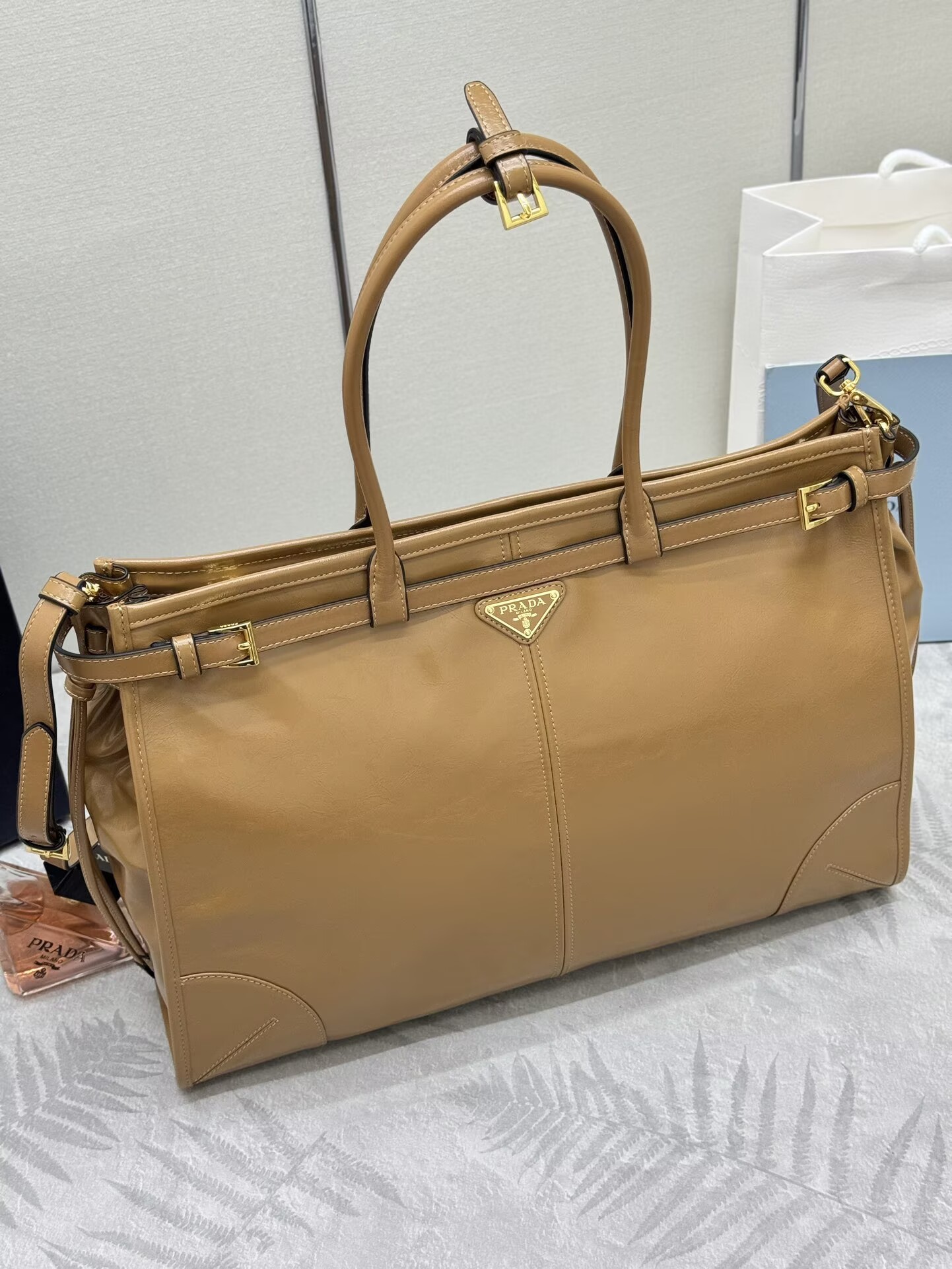 Prada Large Bonnie Leather Tote Bag 1BA439 Khaki