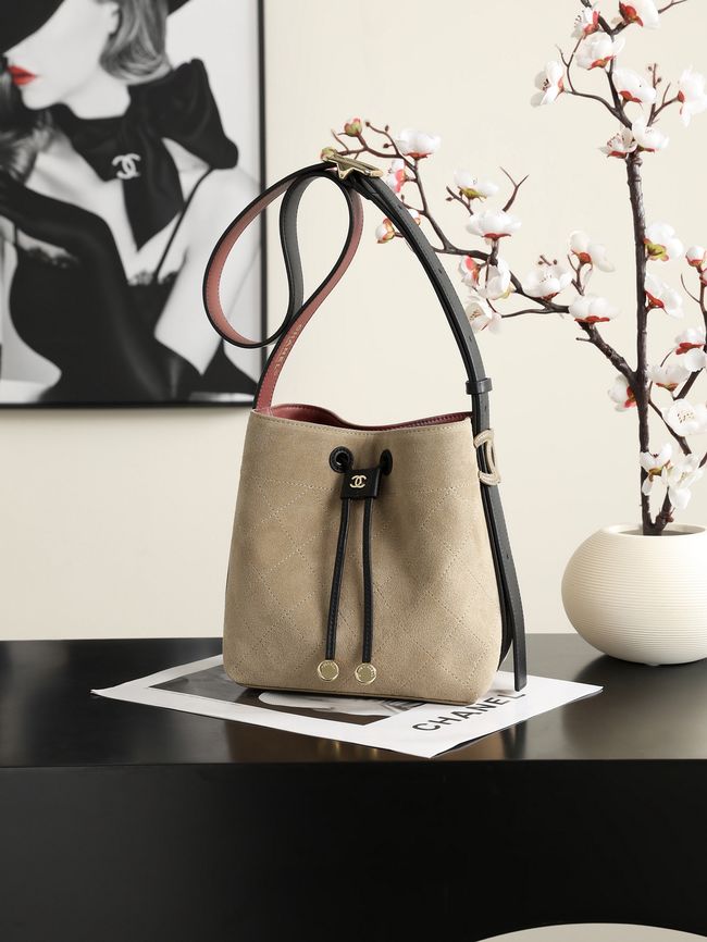 Chanel Suede Calfskin Bucket Bag AS6584 Dark Beige & Black Chanel Suede Calfskin Bucket Bag AS6584 Dark Beige & Black