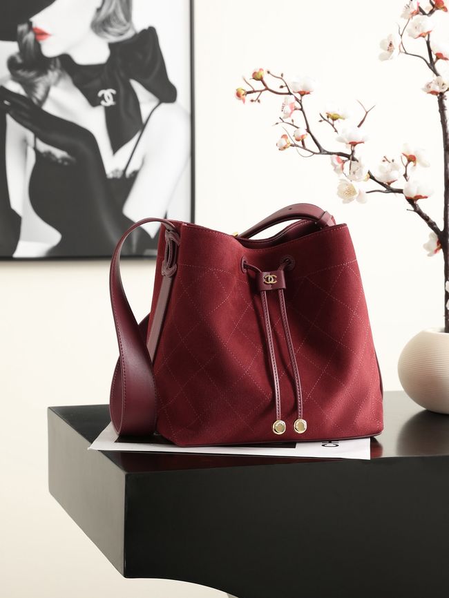 Chanel Suede Calfskin Bucket Bag AS6584 burgundy