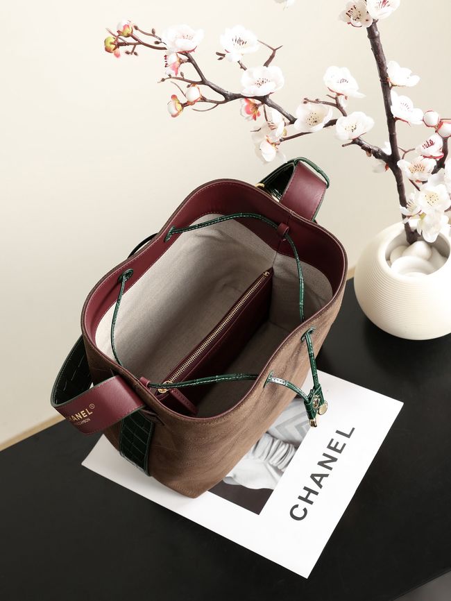 Chanel Suede Calfskin Bucket Bag AS6584 dark brown