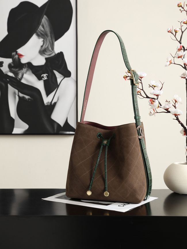 Chanel Suede Calfskin Bucket Bag AS6584 dark brown