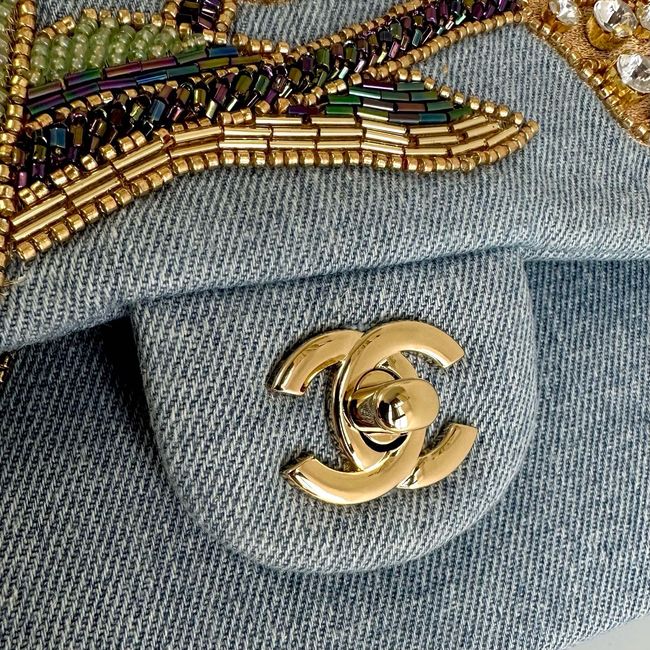 Chanel Classic 11.12 Handbag A01112 Embroidered Denim Blue