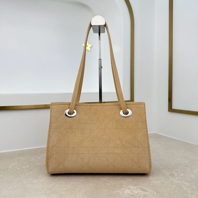 Small Dior Promenade Shopping Bag Apricot Flat Cannage Suede Calfskin M1410O