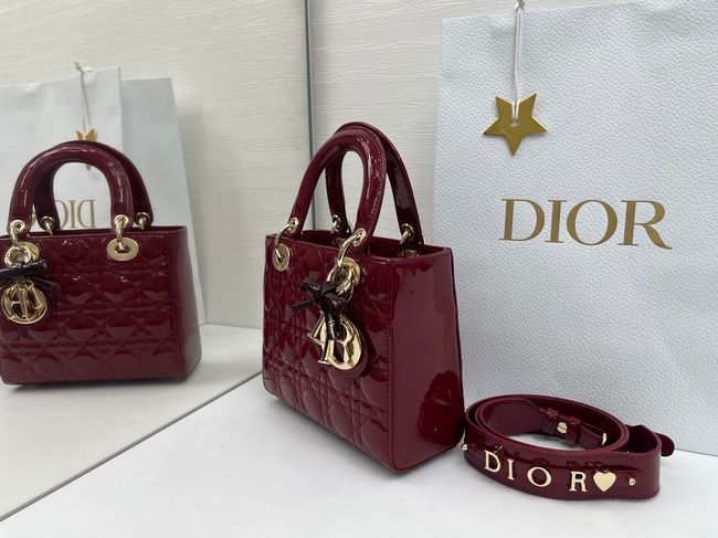 Small Lady Dior Bag with Strap Cannage patent leather M0531OU Burgundy Small Lady Dior Bag with Strap Cannage patent leather M0531OU Burgundy