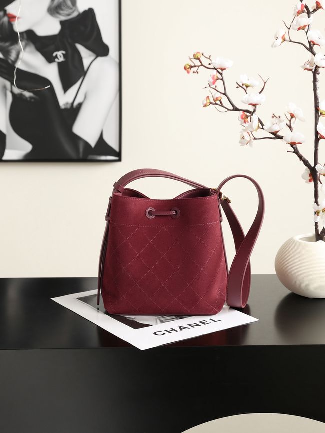 Chanel Suede Calfskin Bucket Bag AS6537 burgundy