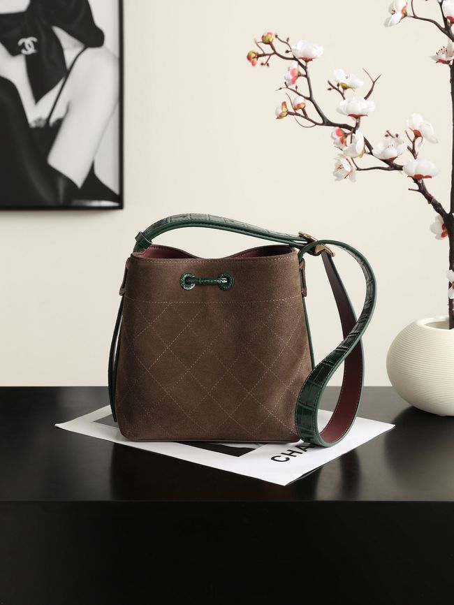 Chanel Suede Calfskin Bucket Bag AS6537 dark brown