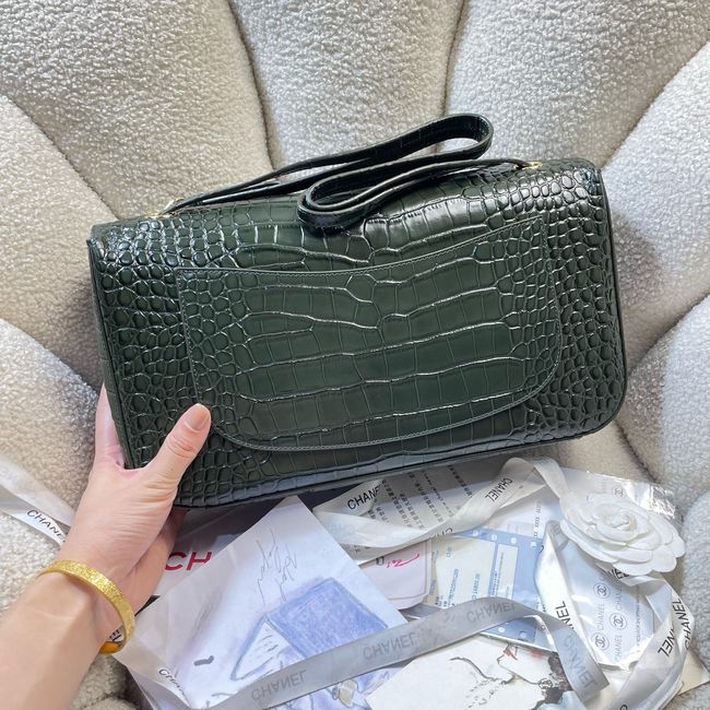 Chanel Crocodile Embossed Maxi Flap bag AS6231 green&gold-Tone Metal
