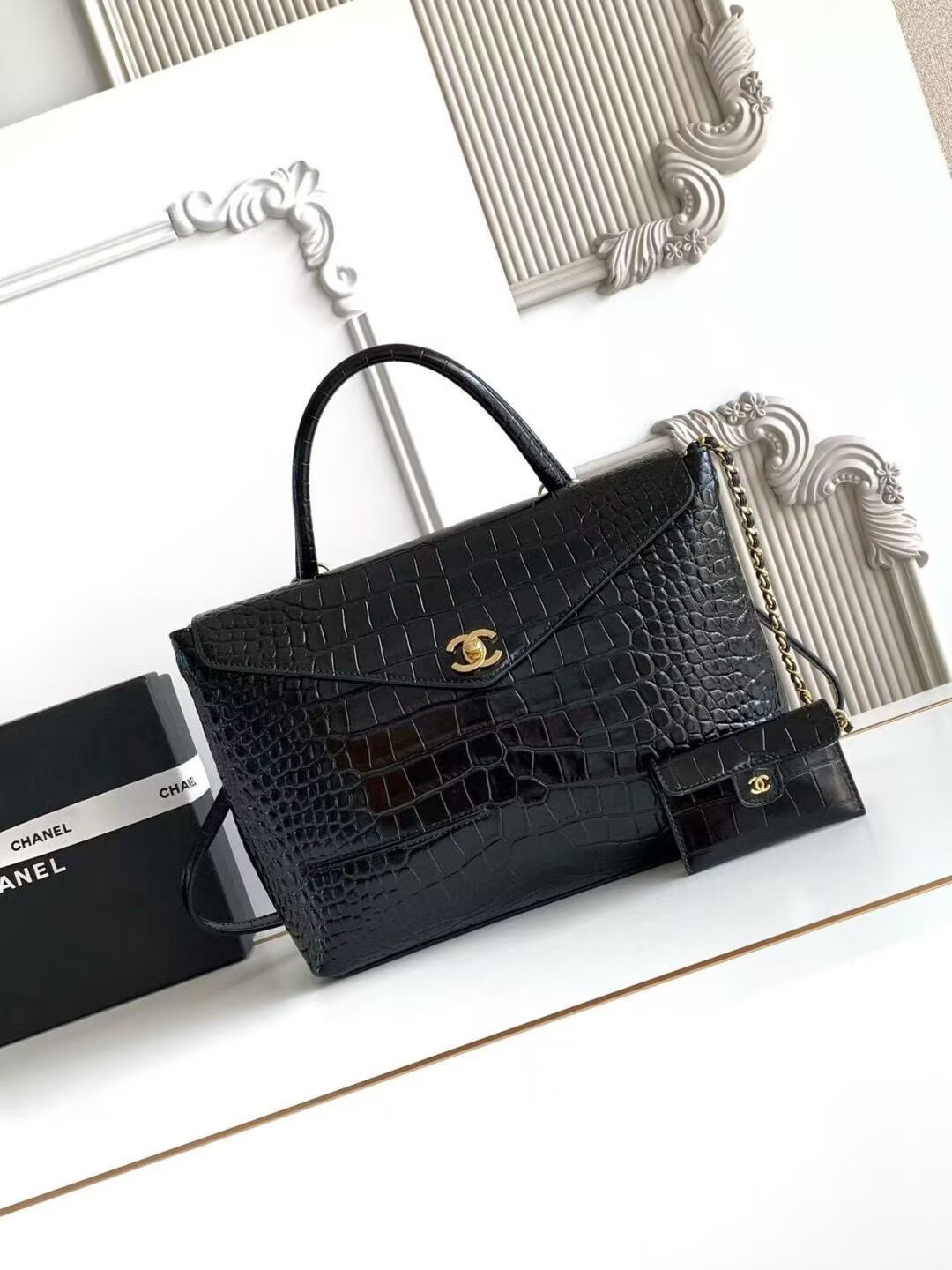 Chanel Maxi Flap Bag With Top Handle Crocodile Embossed Calfskin & Gold-Tone Metal Dark Gray As6309