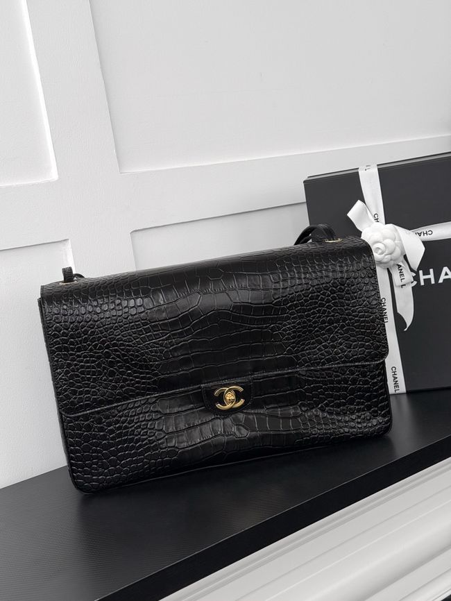 Chanel Crocodile Embossed Maxi Flapbag Calfskin AS6233 Black