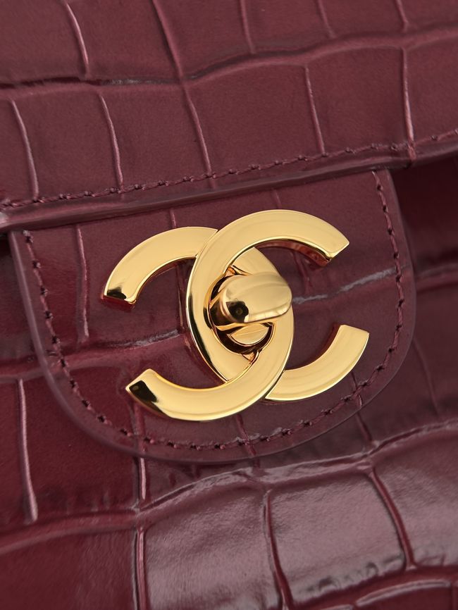 Chanel Crocodile Embossed Maxi Flapbag Calfskin AS6233 Burgundy