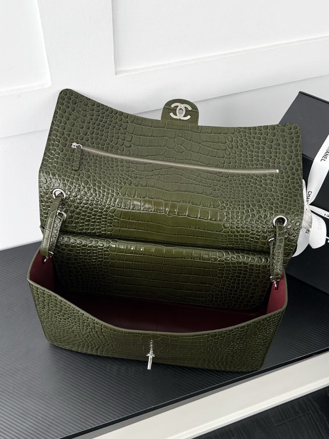 Chanel Crocodile Embossed Maxi Flapbag Calfskin AS6233 dark green