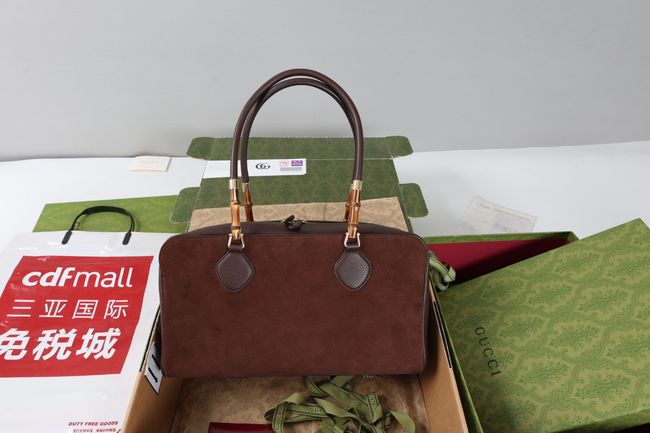 Gucci Large boston bag with bamboo soft suede A006OD Dark brown Gucci Large boston bag with bamboo soft suede A006OD Dark brown